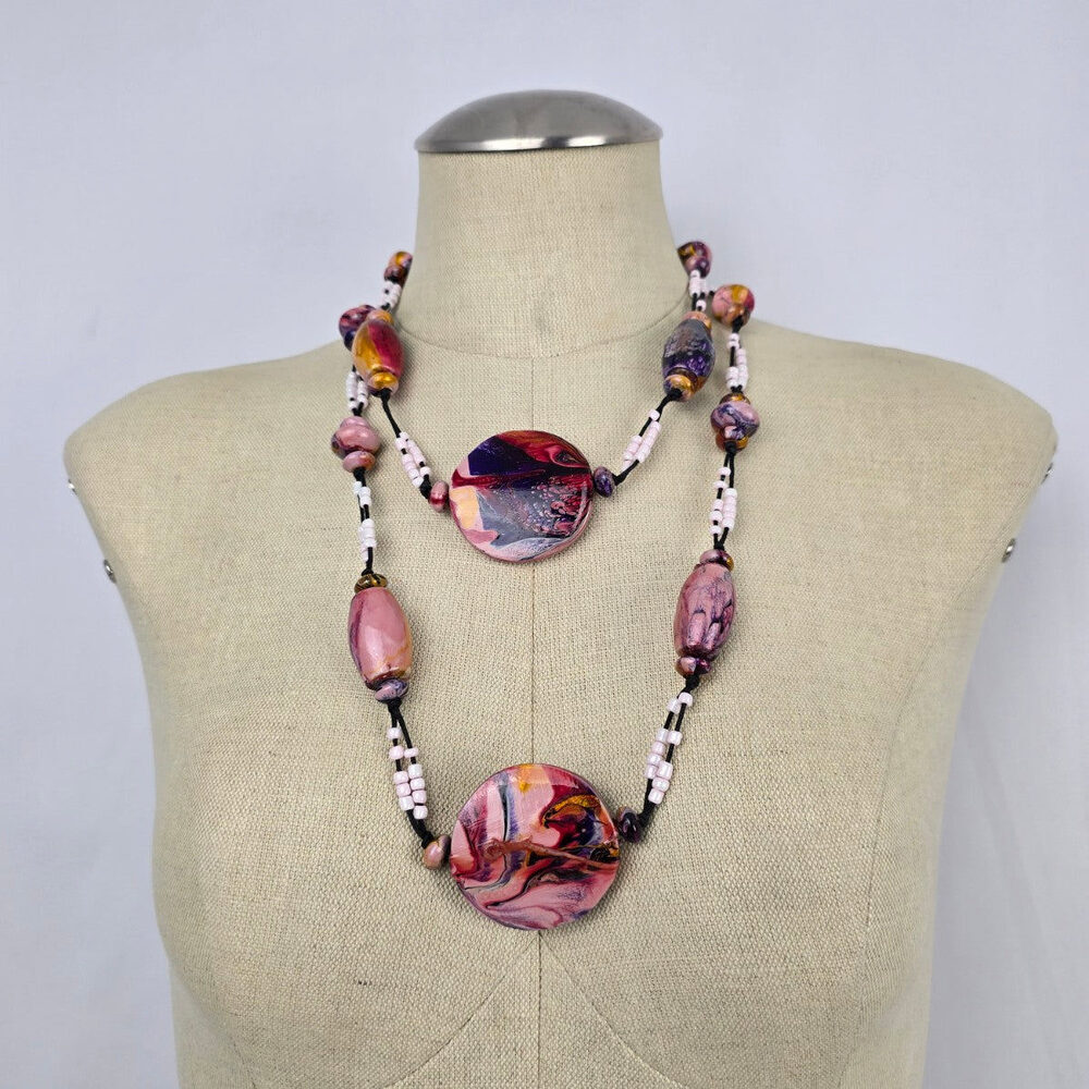 Artisan Style Beaded Statement Necklace Pink Marbled Disc Long Boho Handmade